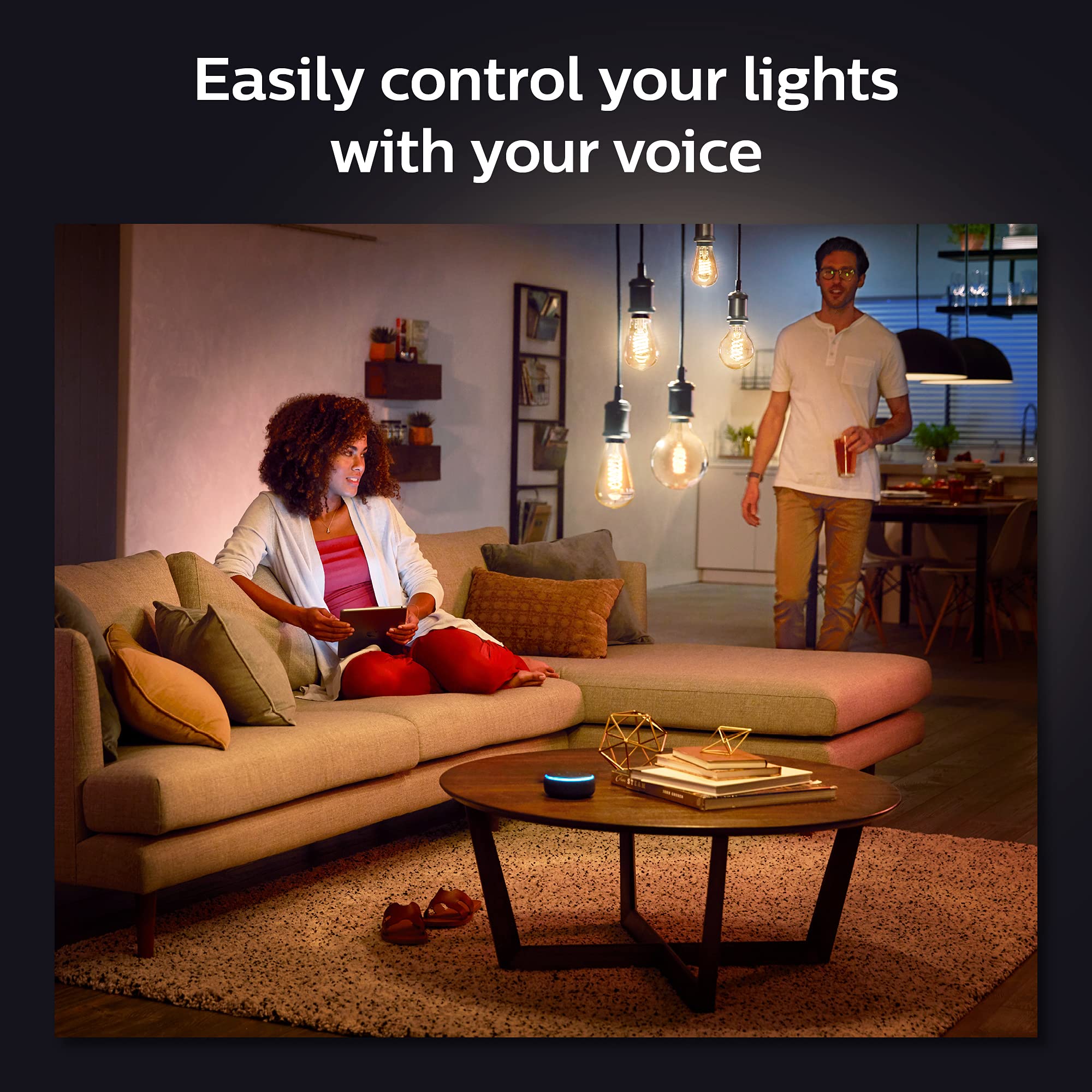 Philips Hue app control screen demonstrating voice and app automation.