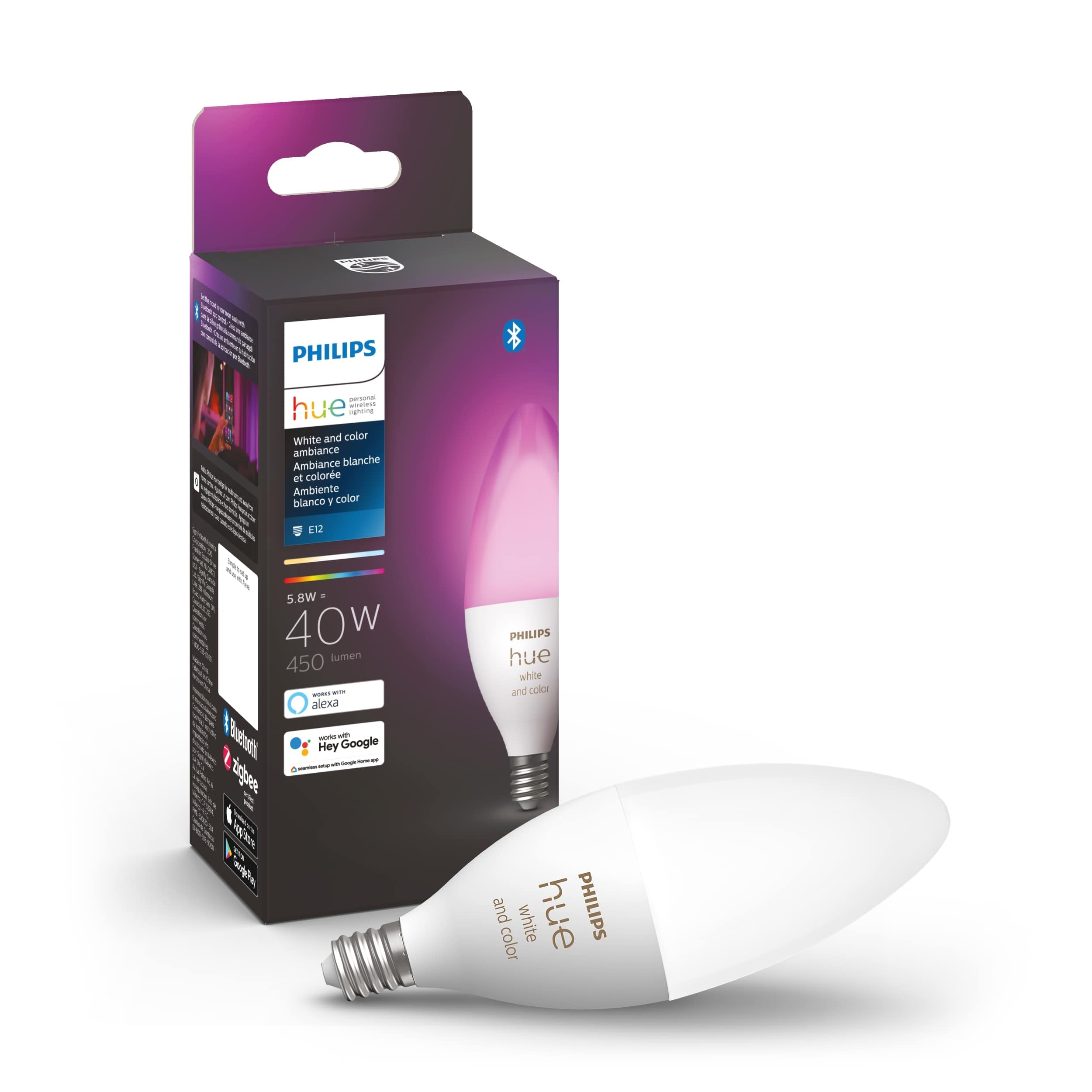 Philips Hue B39 candle bulb warm to cool white ambiance for living room.