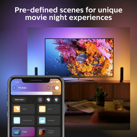 Philips Hue backlighting behind TV improves viewing and atmosphere