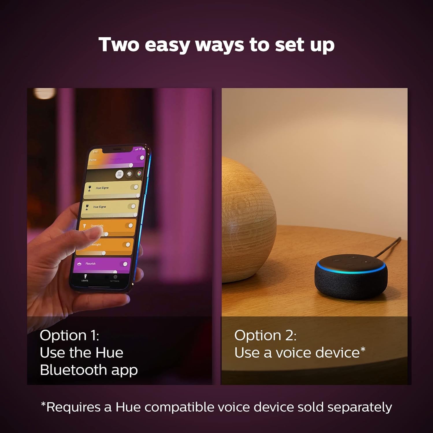 Philips Hue Bloom color-changing lamp showing vibrant color options for mood lighting