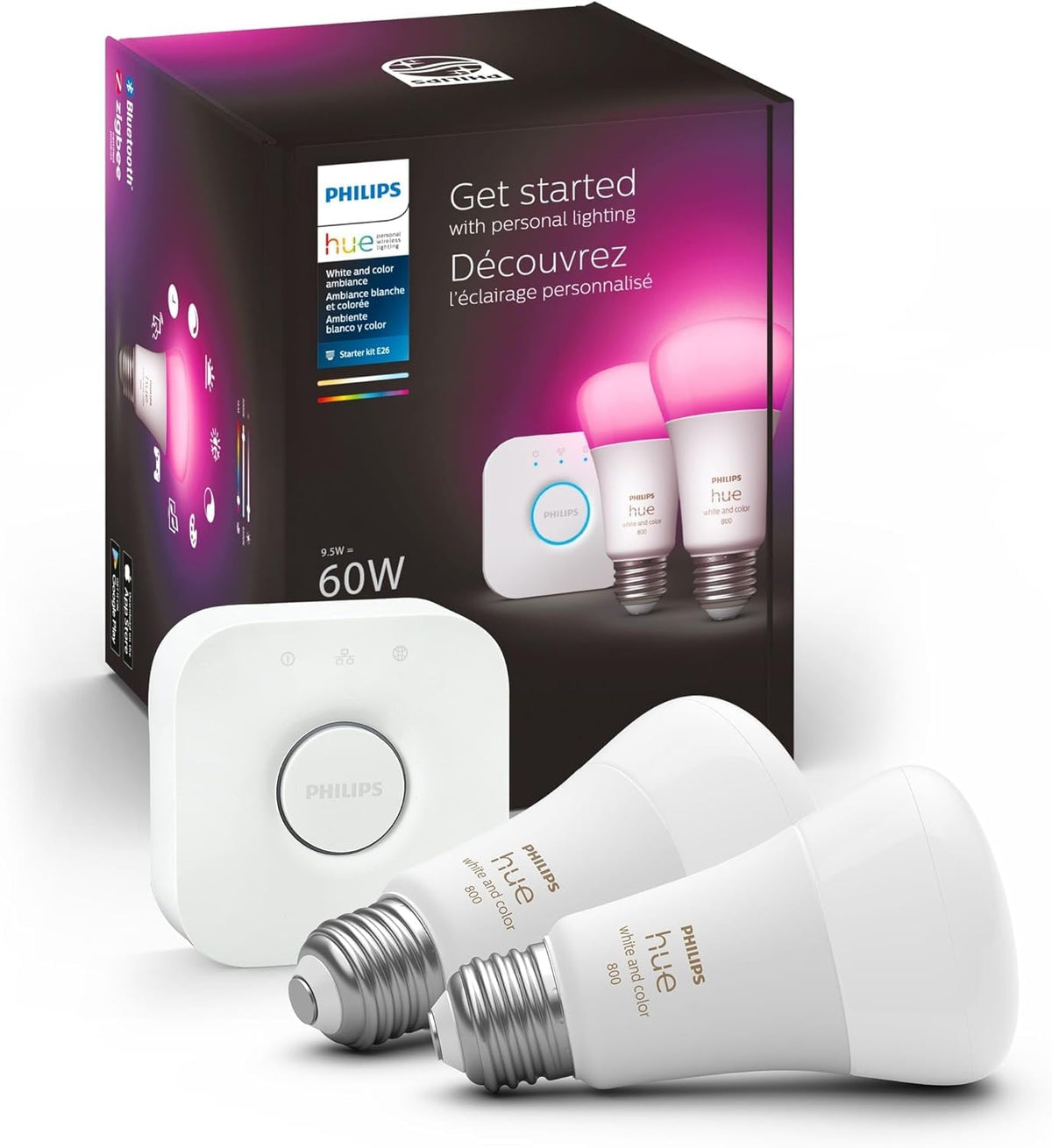 Philips Hue Bridge with two bulbs ready for smart lighting setup and automation