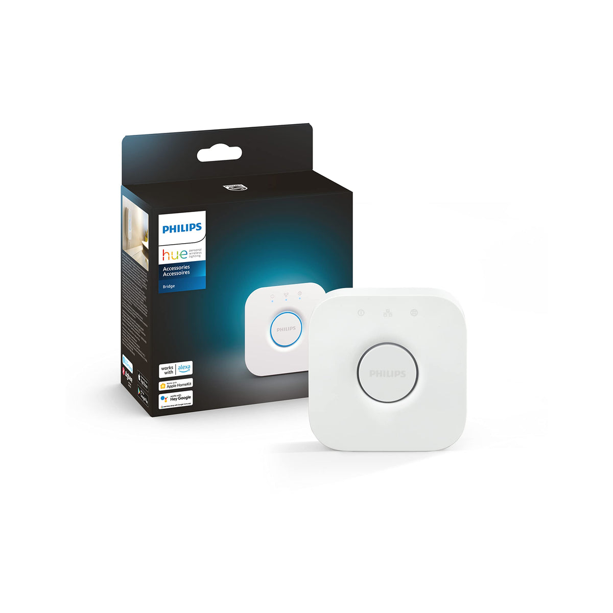Philips Hue Bridge front view highlights centralized control for your smart lights.