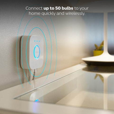Philips Hue Bridge demonstrates surround lighting in a living room.