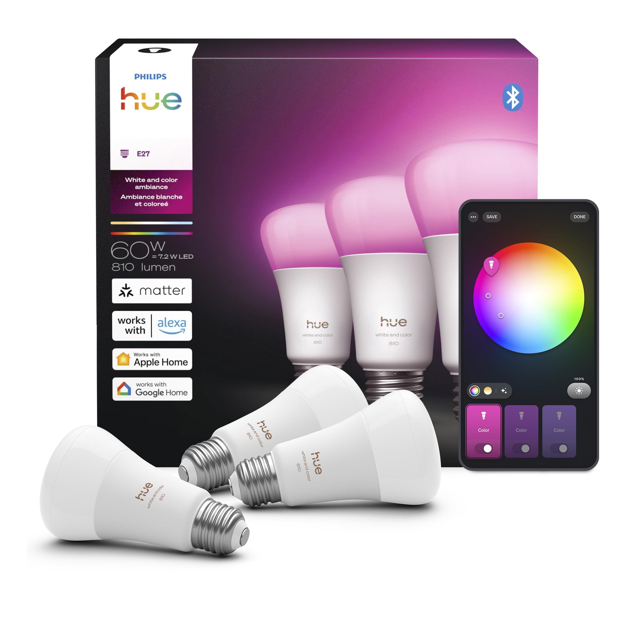 Philips Hue bulb showing vibrant color spectrum for mood lighting