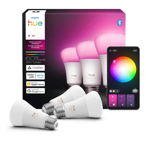 Philips Hue bulb showing vibrant color spectrum for mood lighting