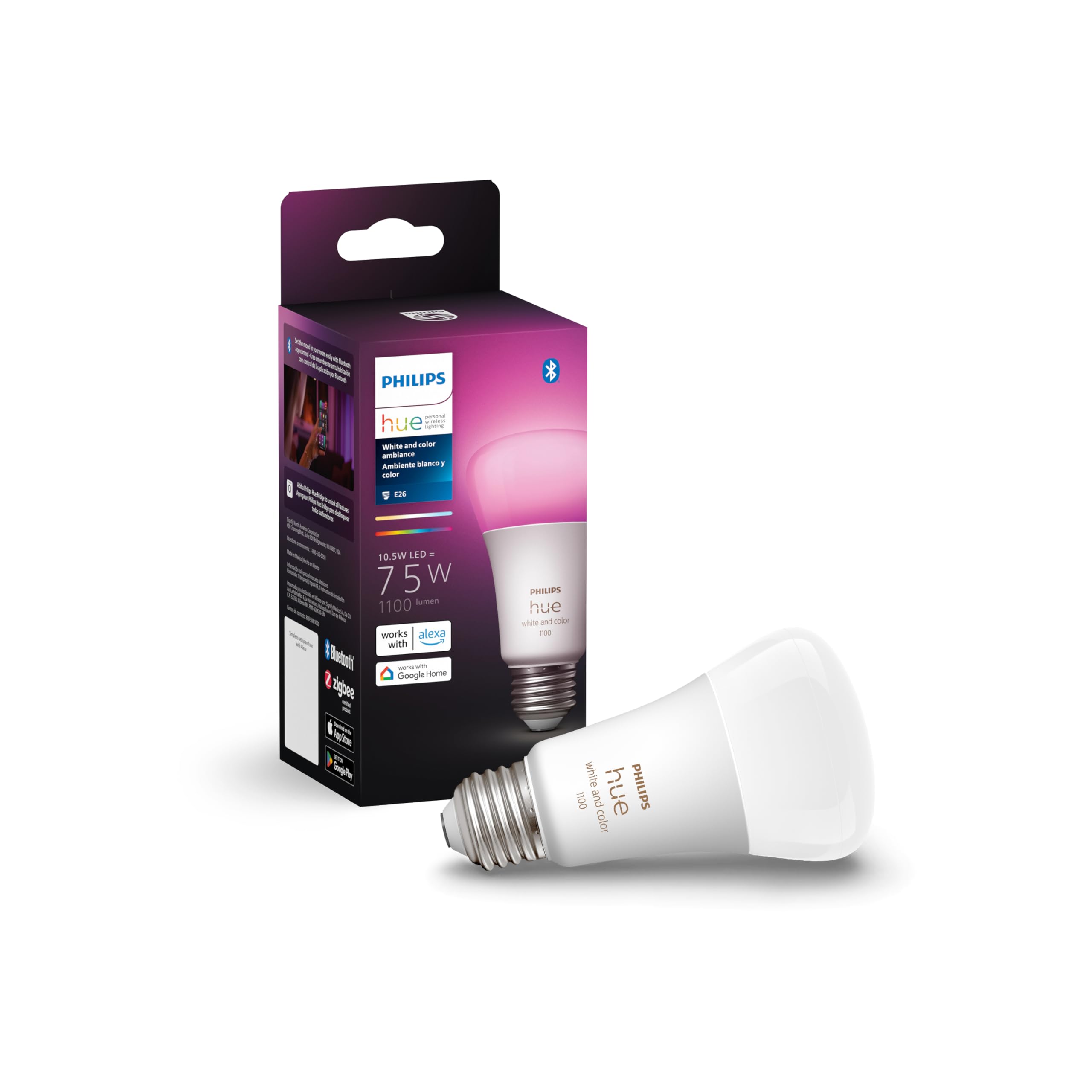 Philips Hue color ambiance A19 bulb displaying vibrant room colors for mood lighting.