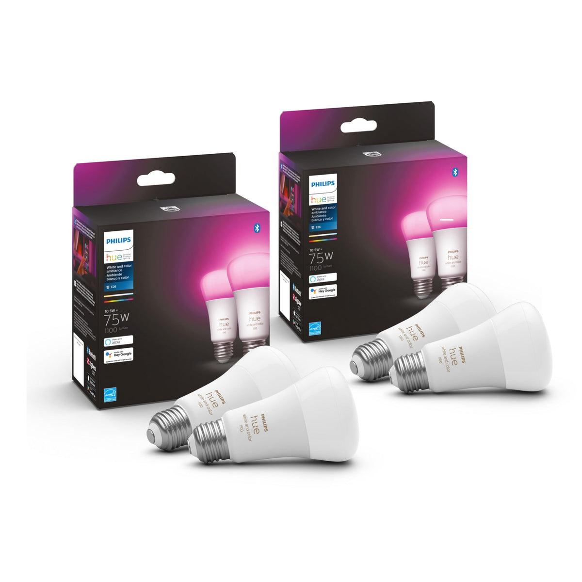 Philips Hue color ambiance bulbs pack-4 illuminate rooms with millions of colors for mood lighting.