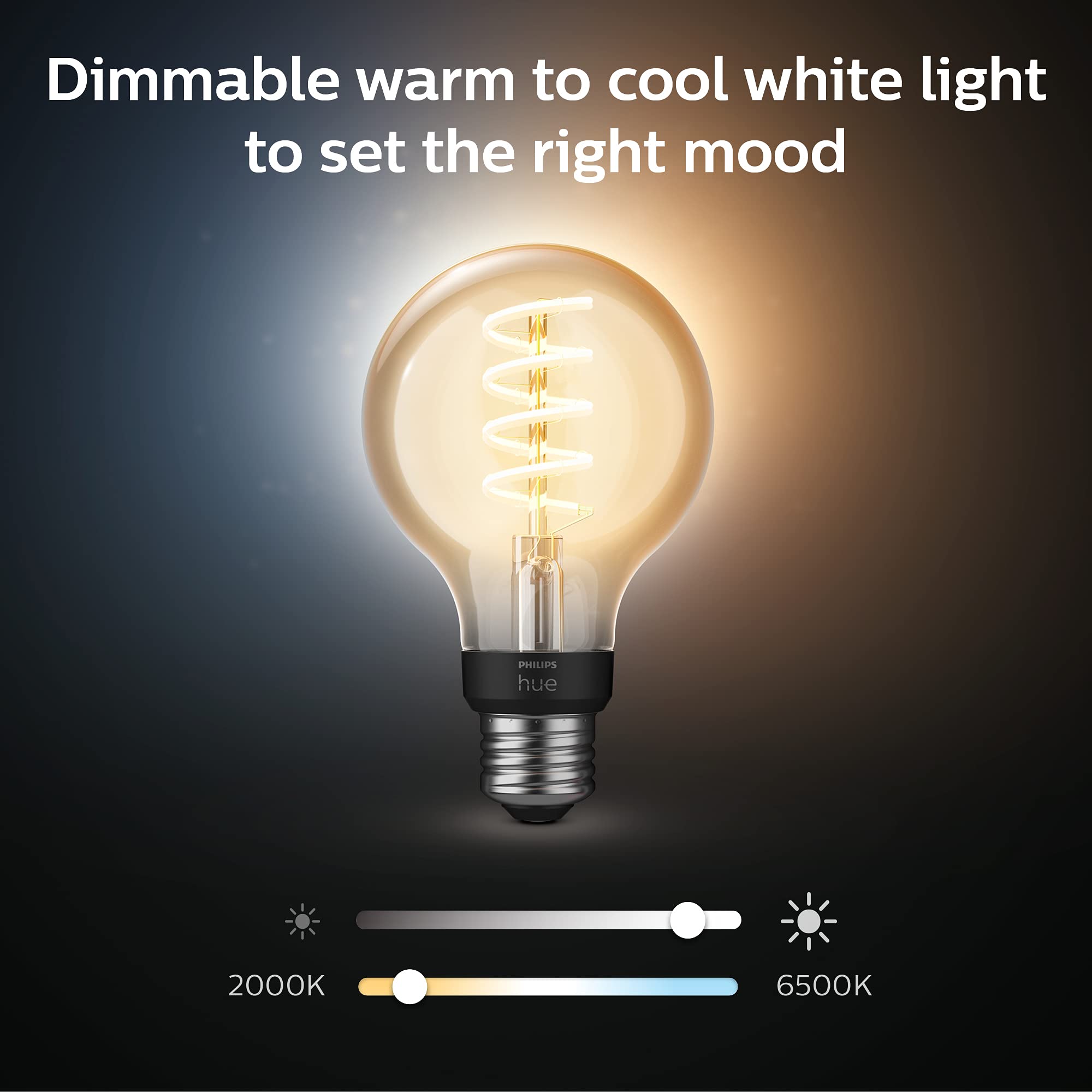 Philips Hue filament bulb closeup showing delicate filaments for cozy or bright settings.