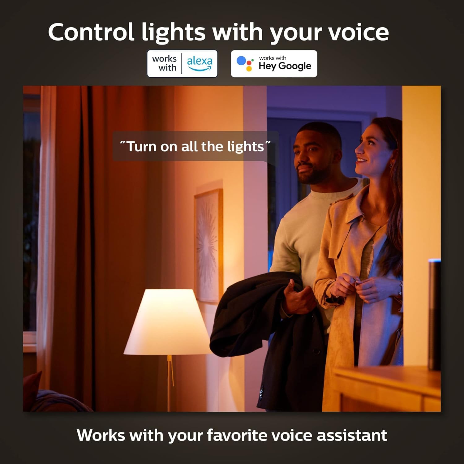 Philips Hue close-up filament glow and glass bloom.