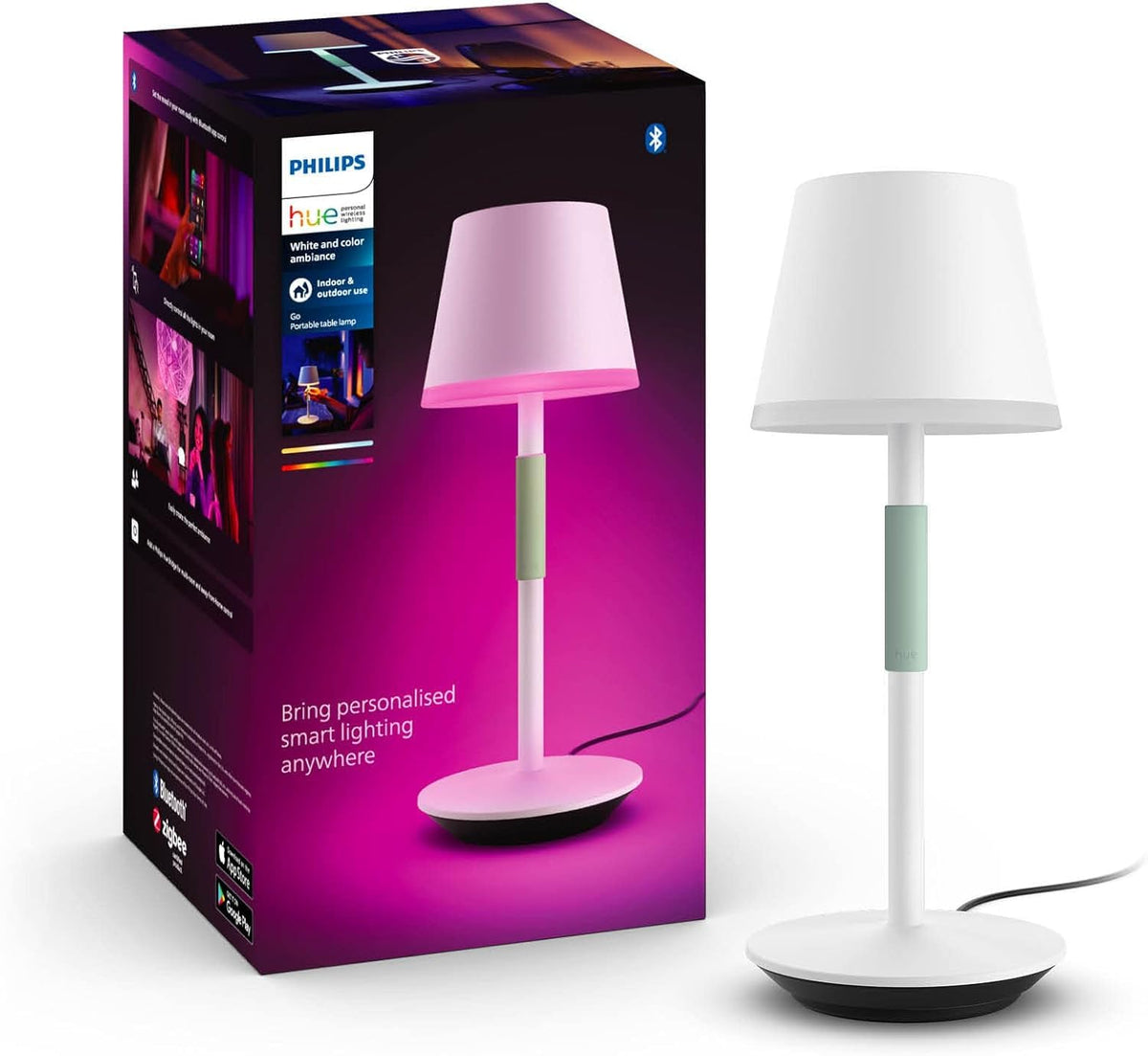 Philips Hue Go lamp top view showing color options for mood lighting
