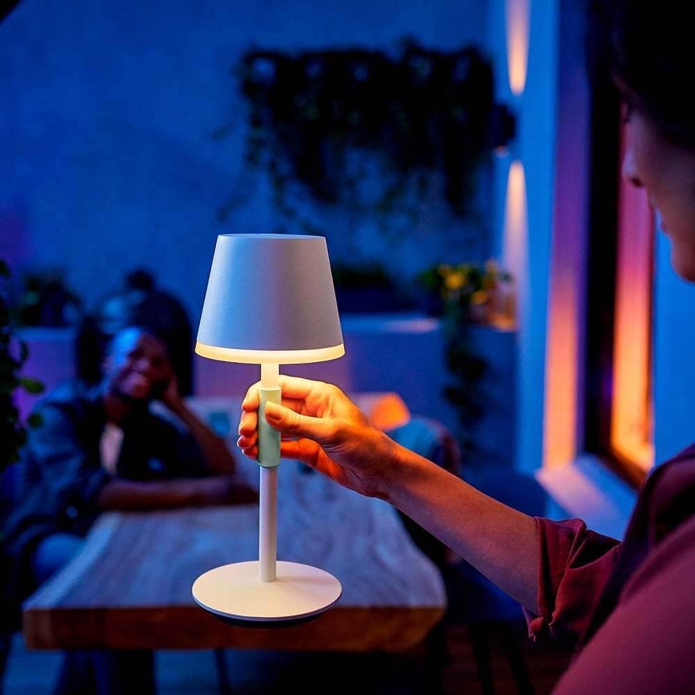 Outdoor scene with Philips Hue Go delivering ambient lighting