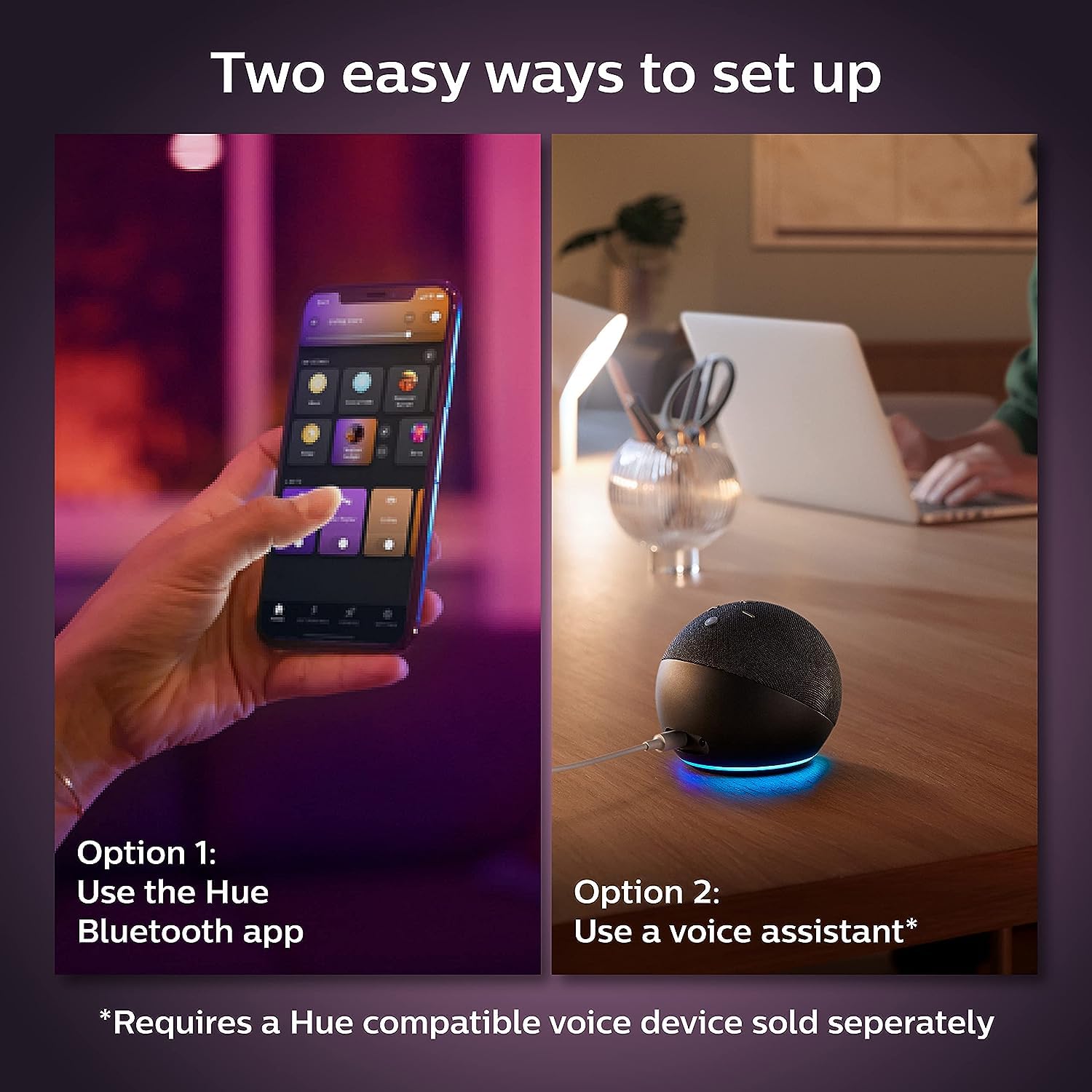 Philips Hue voice assistant A19 bulb supports quick mood changes.