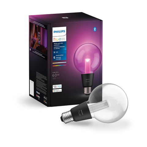 Philips Hue Lightguide G30 small globe bulb glowing softly for cozy ambiance.