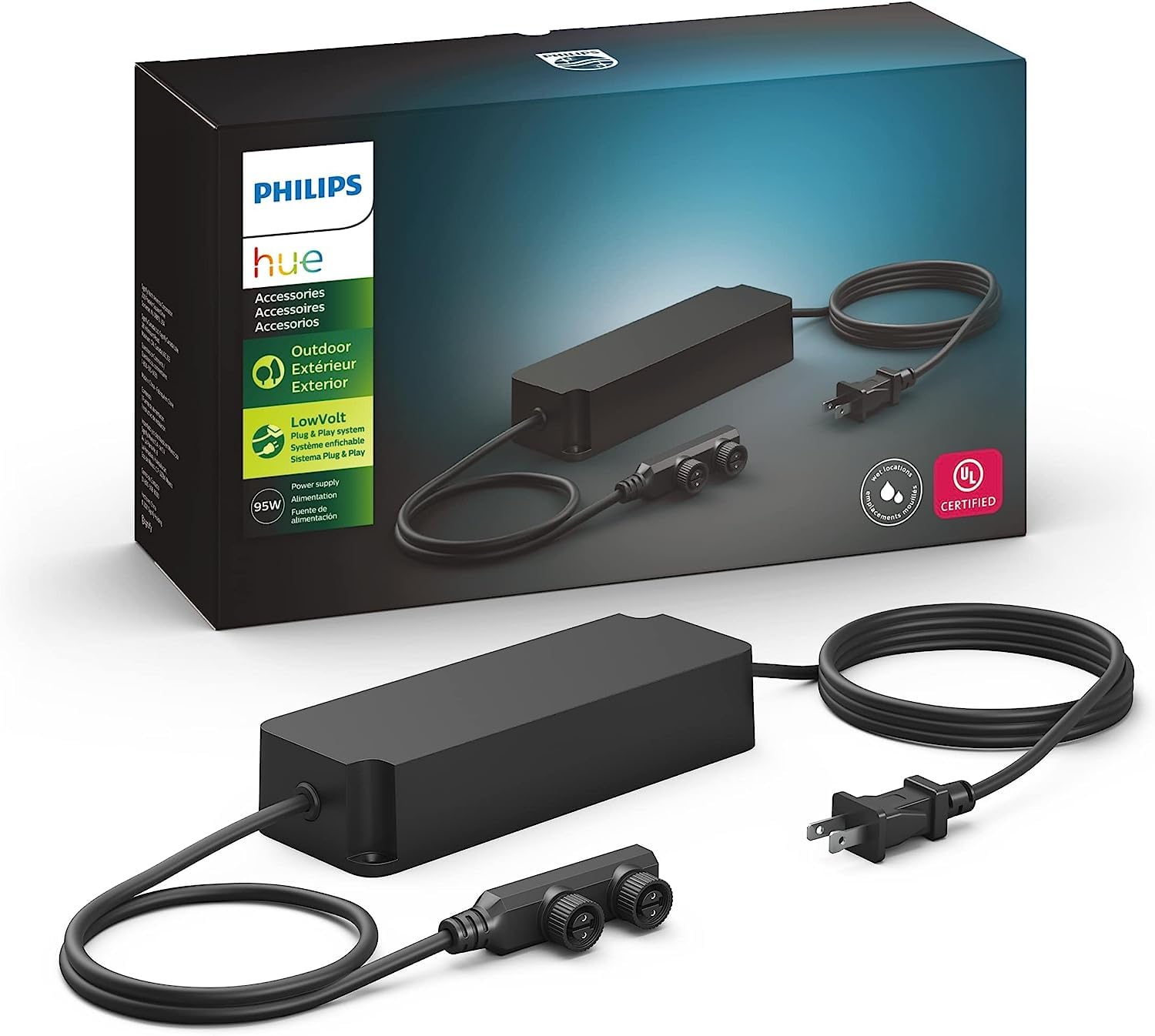 Philips Hue outdoor 100W power supply unit powers multiple low-voltage lights safely.