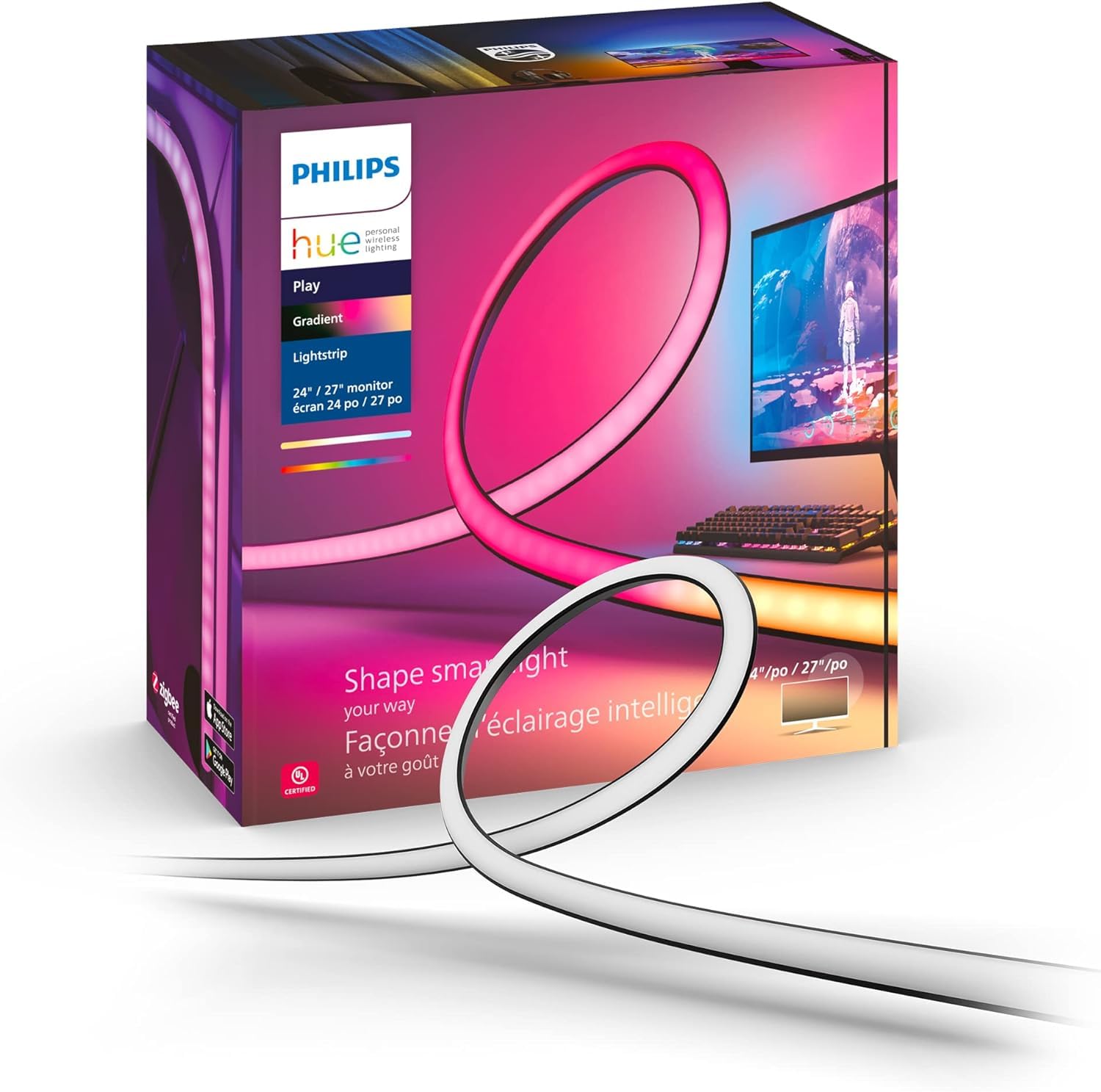 Philips Hue Play Gradient Lightstrip attached to the monitor back for immersive color sync