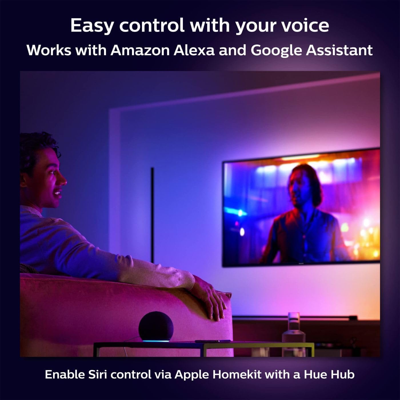 Color gradient lighting from Philips Hue Signe floor lamp creates immersive ambience