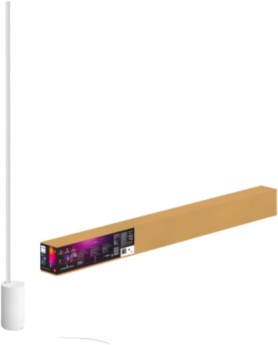 Philips Hue Signe gradient floor lamp on, vibrant color ambiance in the living room.
