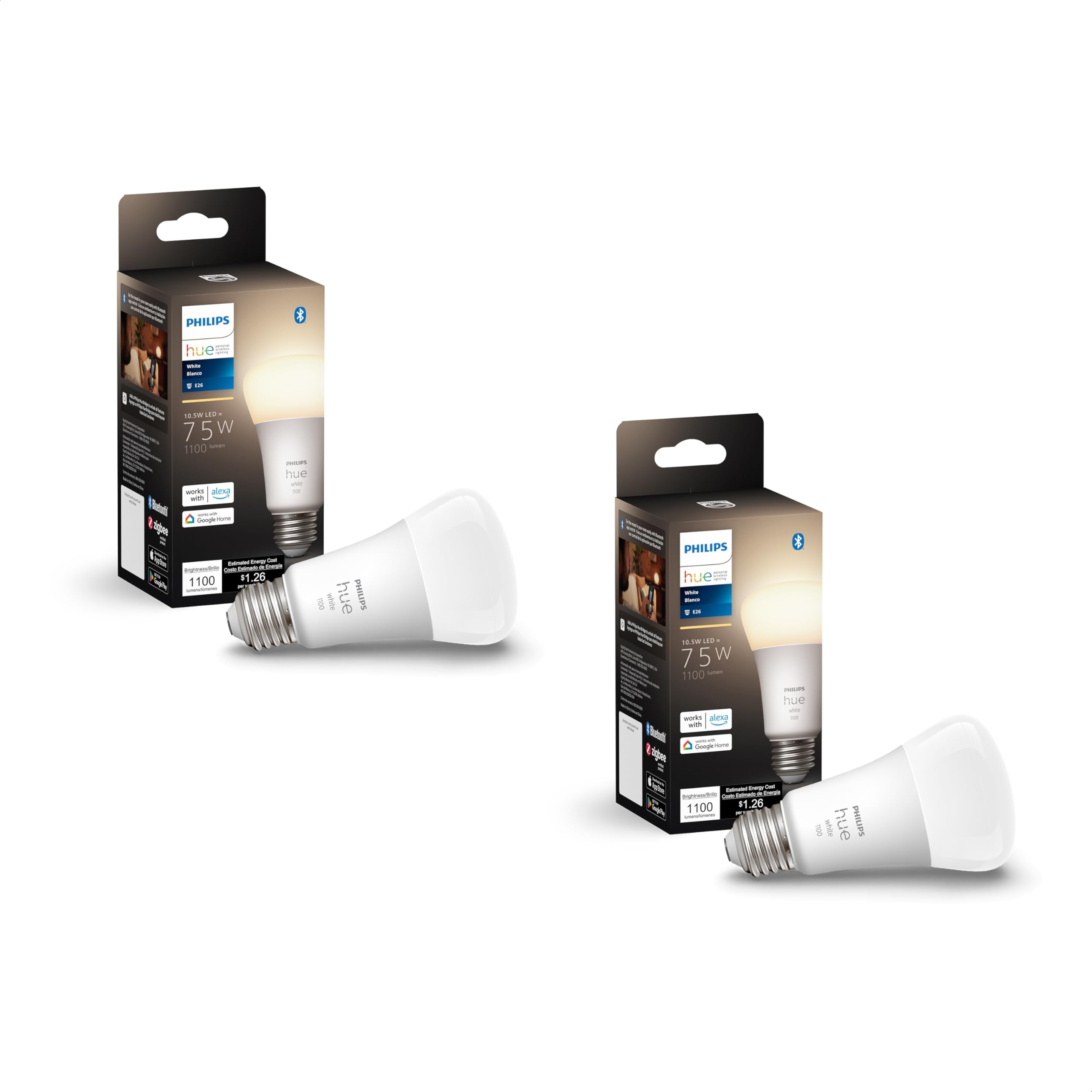 Philips Hue 2-pack smart bulb—soft warm white for versatile lighting.