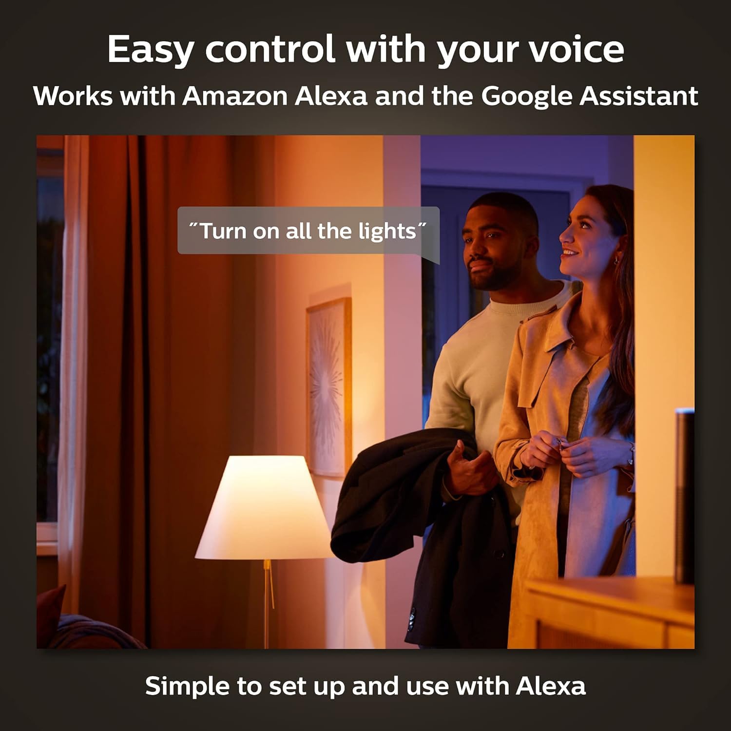 Philips Hue smart bulb controlled via app in a living room lamp