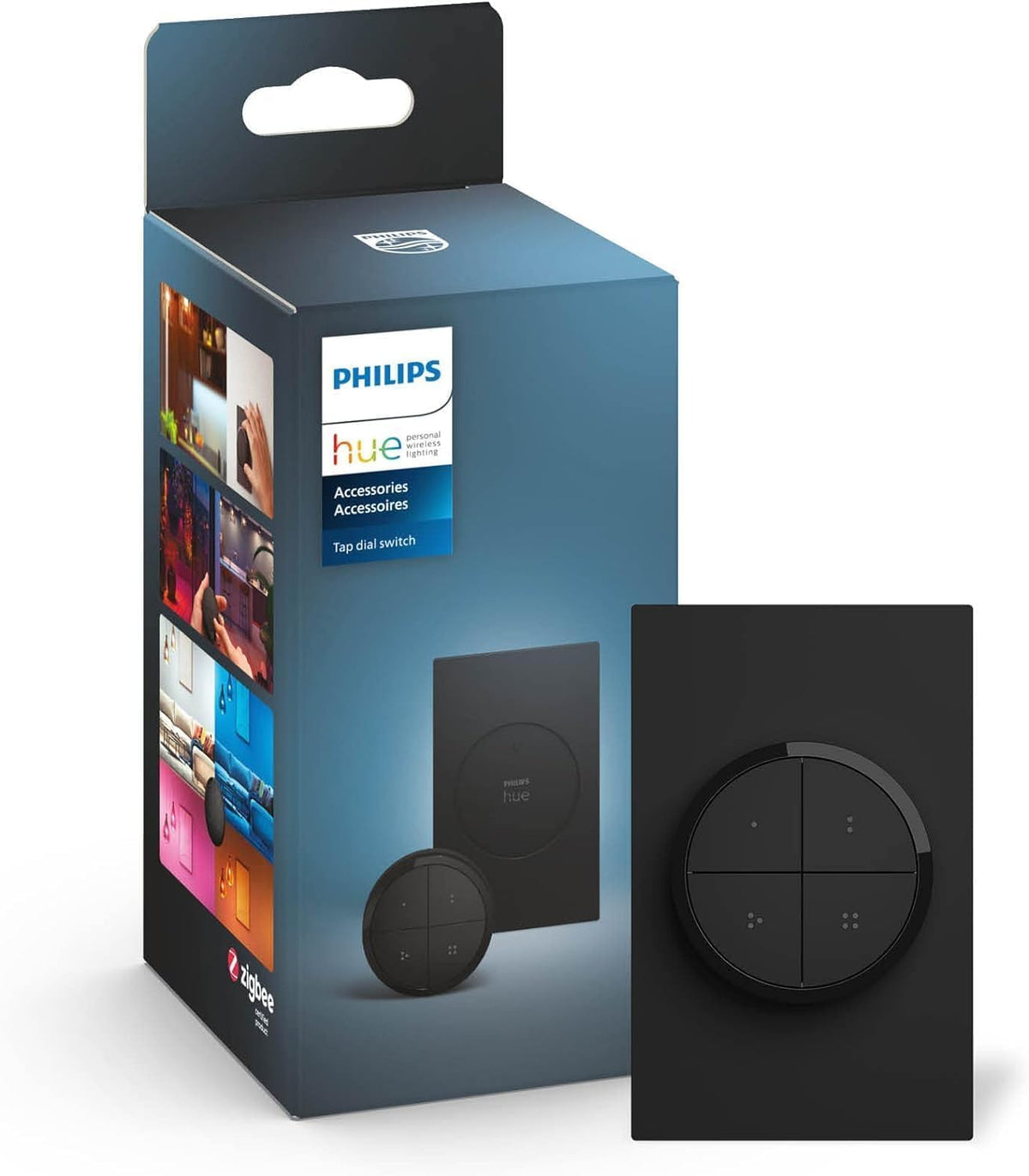 Philips Hue Wall Tap Dial Switch mounted on wall for instant scene control.