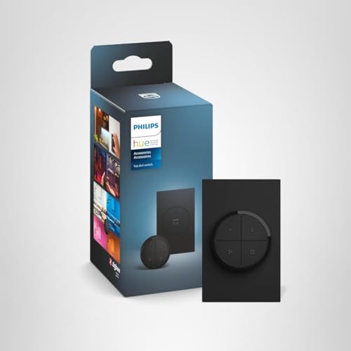 Philips Hue dial switch adjusts lighting across rooms and days.