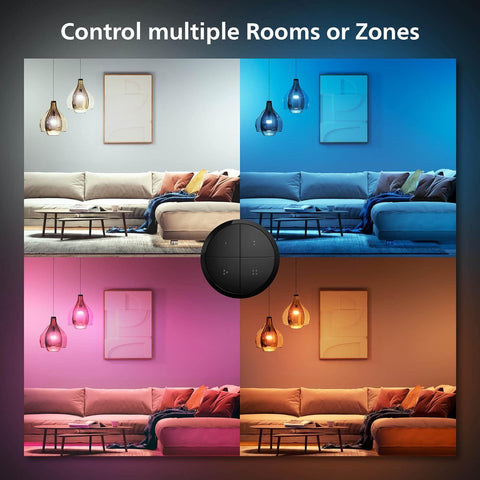 Philips Hue four-button panel configured to trigger different room scenes.