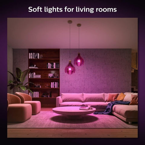 Philips Hue multicolor lighting enhances mood and room atmosphere.