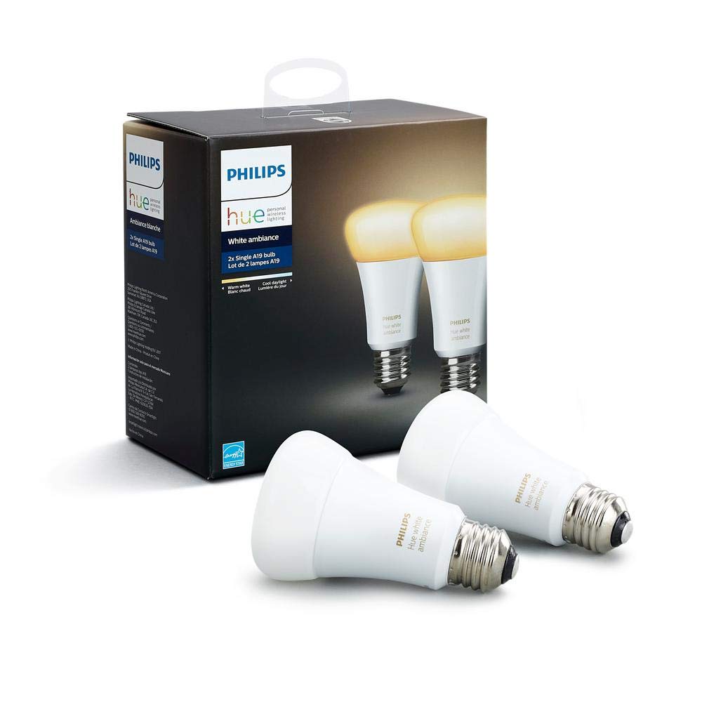 Philips Hue White Ambiance A19 bulbs in a table lamp for adjustable white temperature.