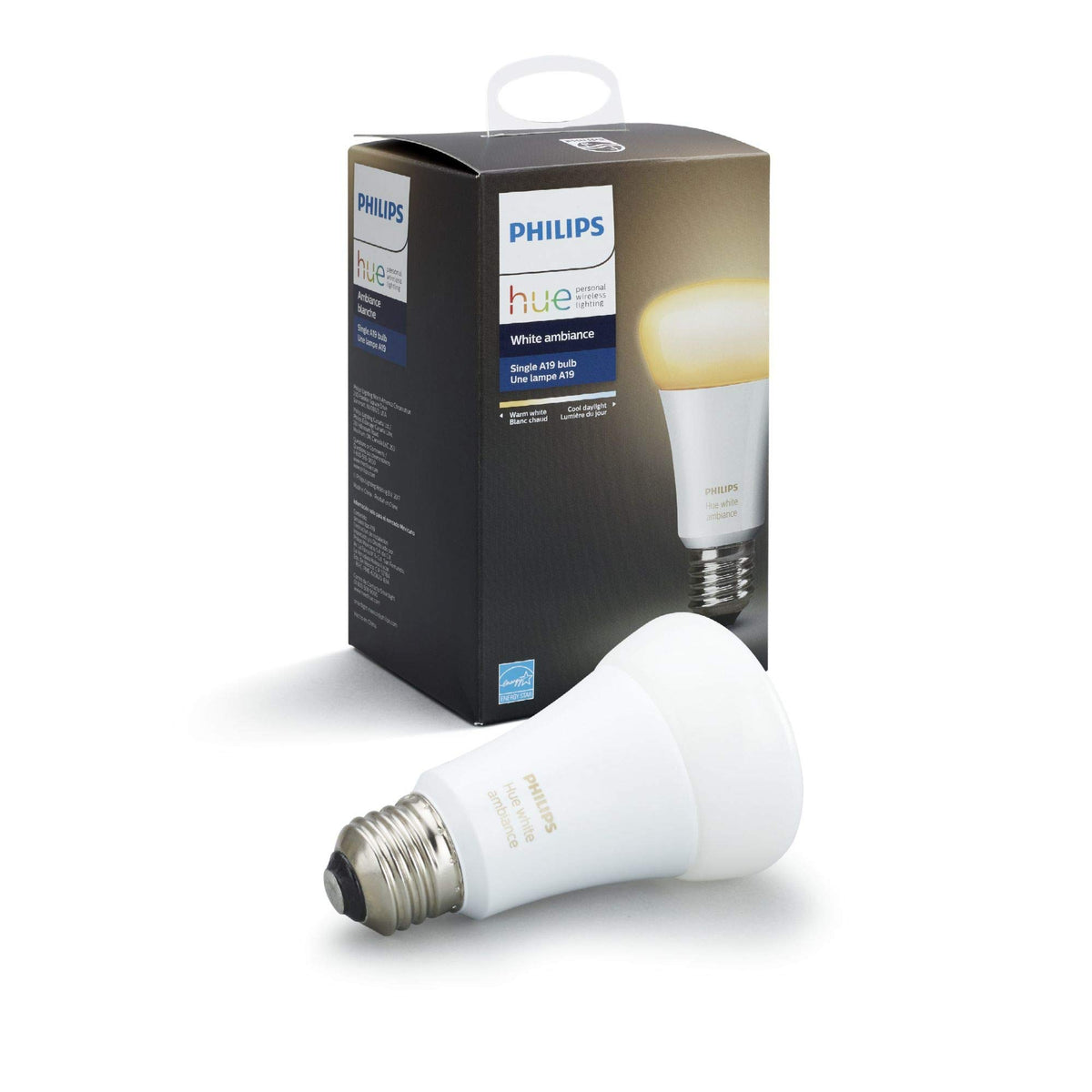 Philips Hue White Ambiance A19 LED bulb setup for smart lighting control and mood scenes