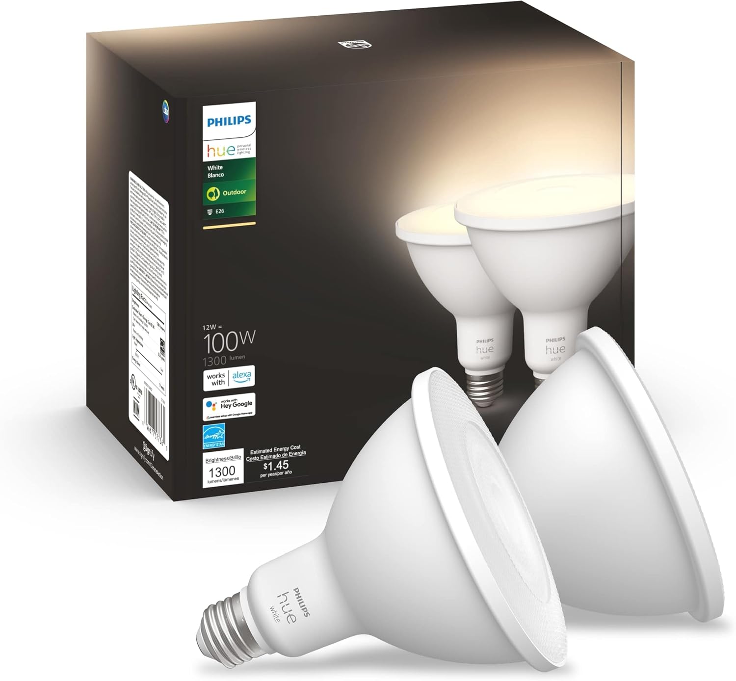 Philips Hue White PAR38 outdoor floodlight two-pack for bright exterior illumination.