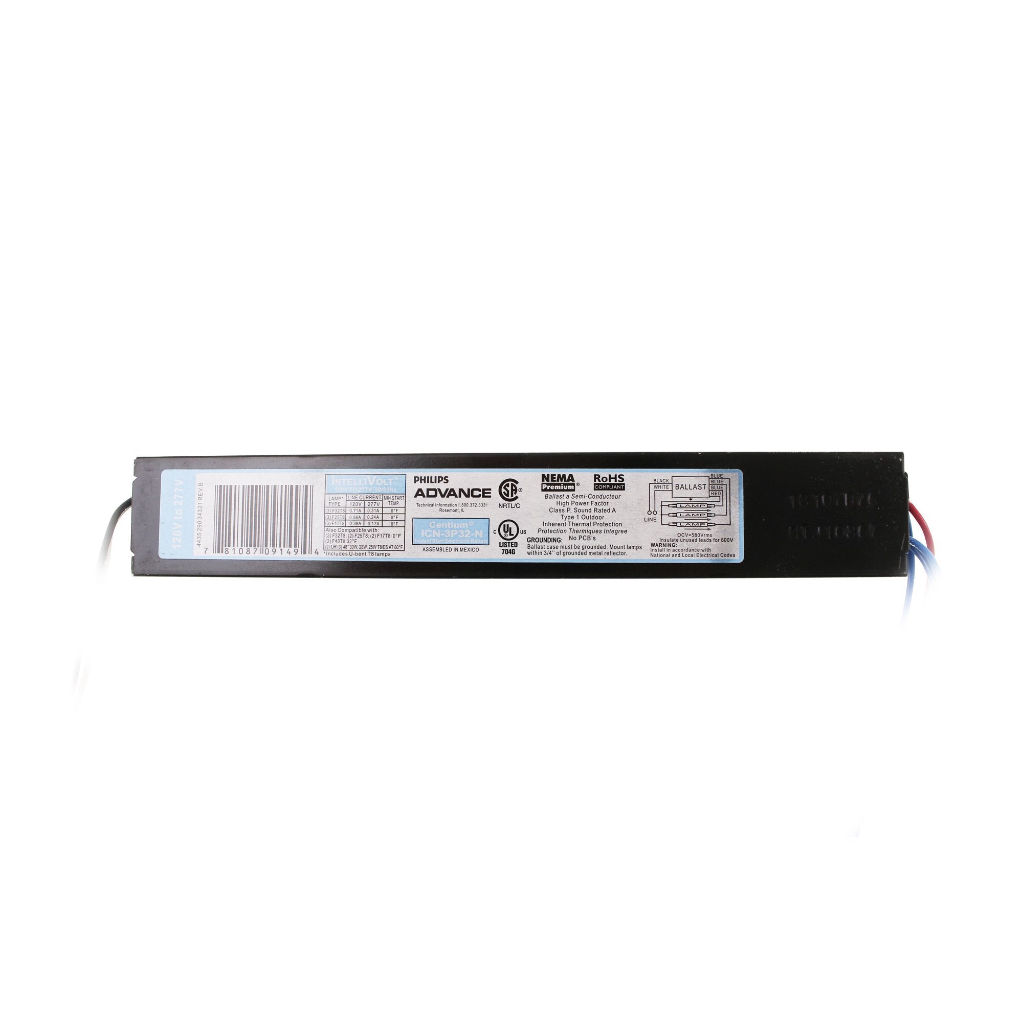 Philips ICN-3P32-N ballast powering three F32T8 lamps in a commercial setting.