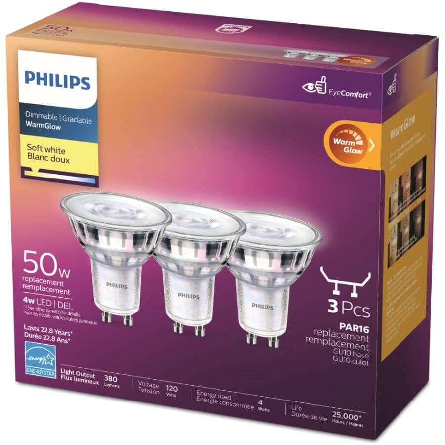 Philips LED 50W GU10 WarmGlow with gentle dimming for cozy living spaces.