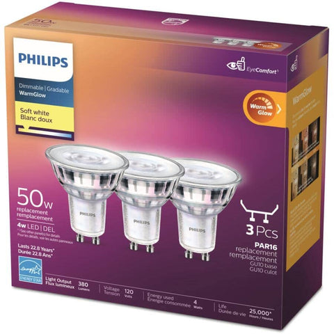 Philips LED 50W GU10 WarmGlow with gentle dimming for cozy living spaces.