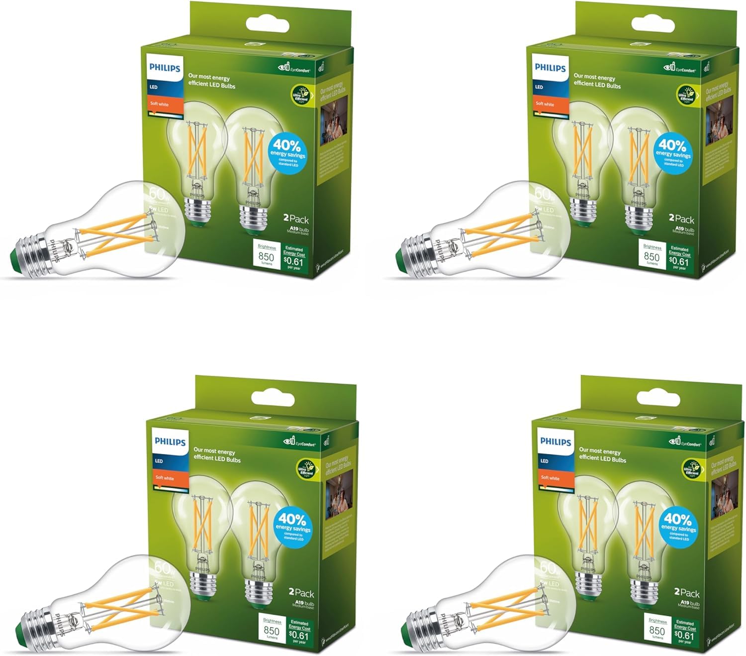 Philips LED A19 8-pack on display highlighting energy-efficient lighting