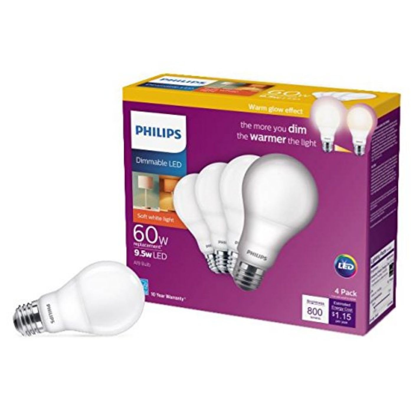 Philips LED A19 with E26 base fits standard fixtures for easy replacement.
