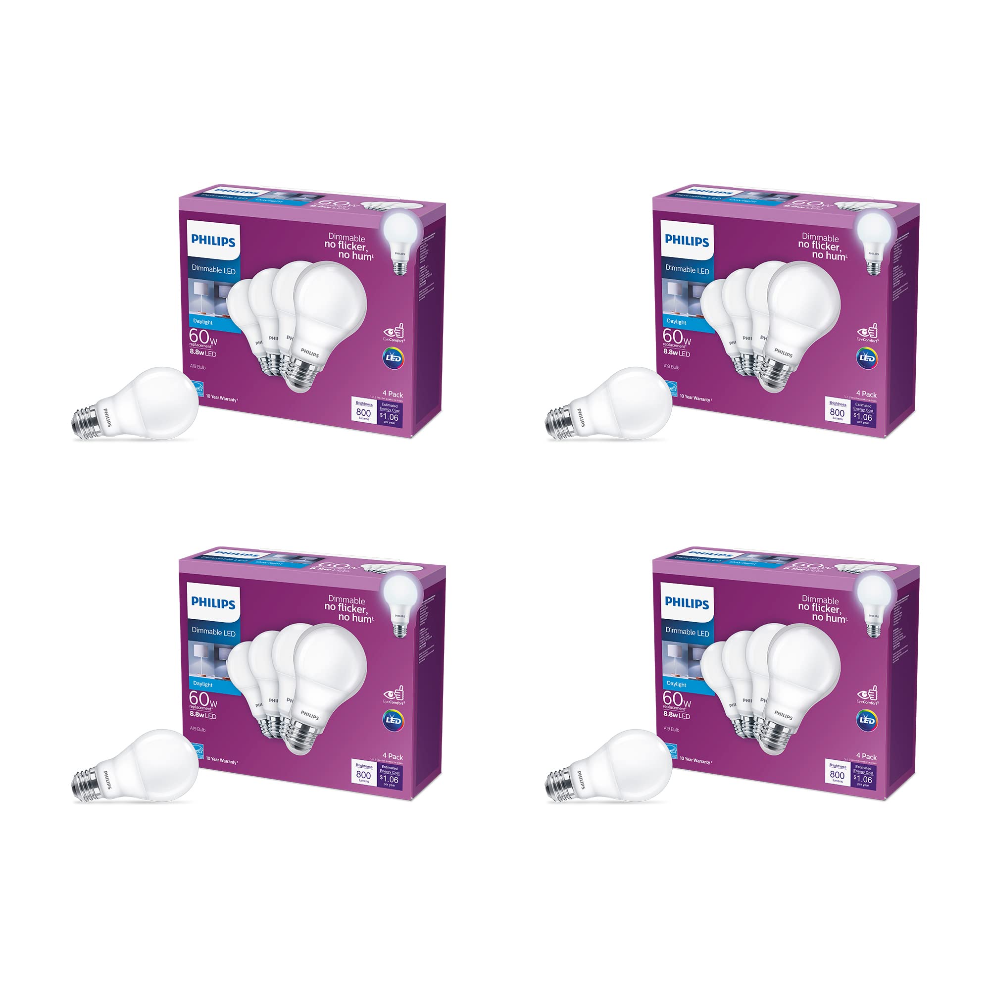 Philips EyeComfort A19 with steady non-dimmable light for comfortable evenings.