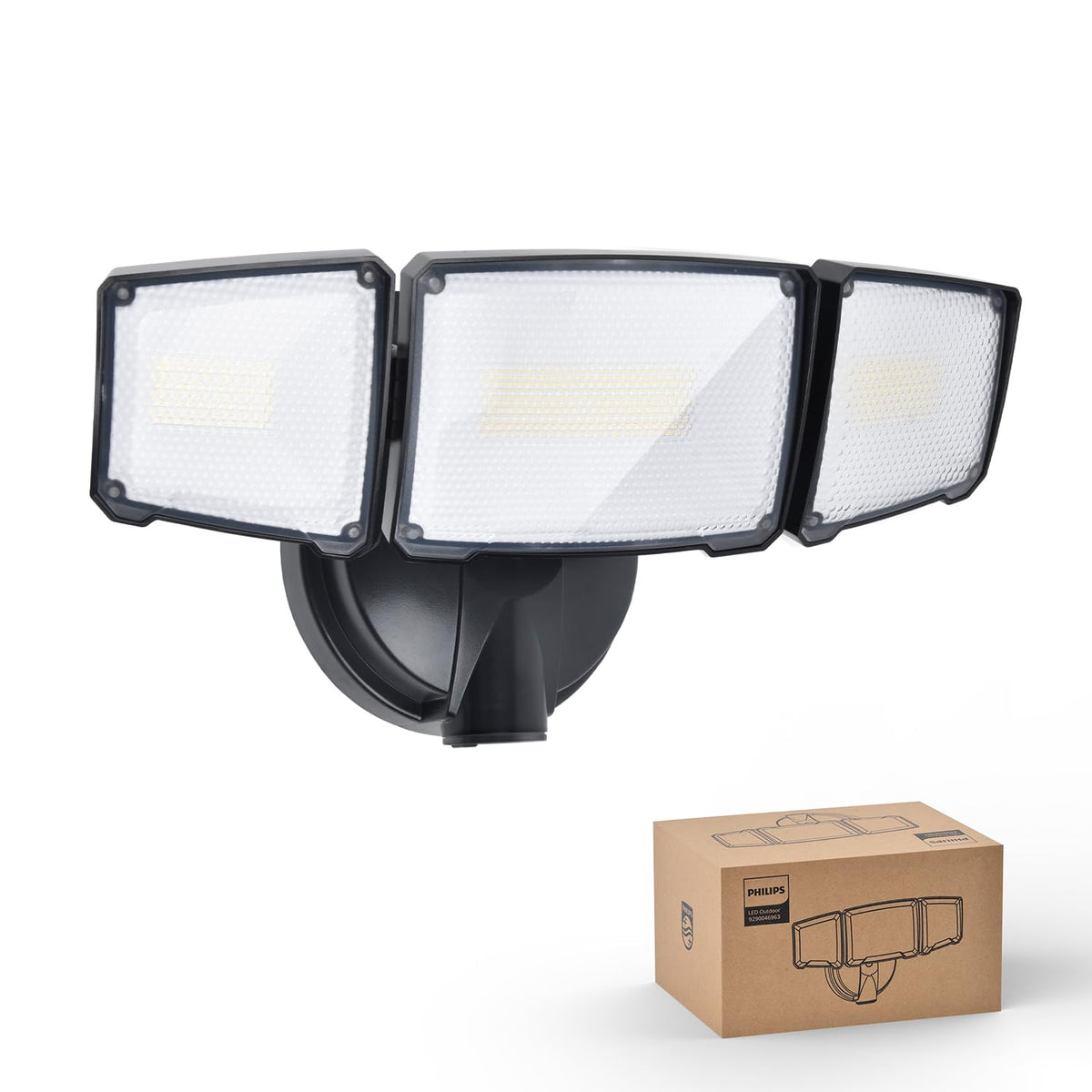 Philips LED flood light front view shows three heads for broad outdoor illumination.
