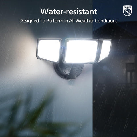 Philips outdoor flood light arrives with mounting hardware for easy setup.