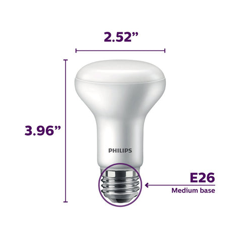 Philips R20 LED bulb silhouette suited for recessed can fixtures.