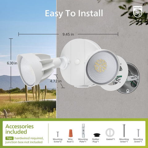 Easy-to-install outdoor light with tool-free adjustable heads and simple wiring.