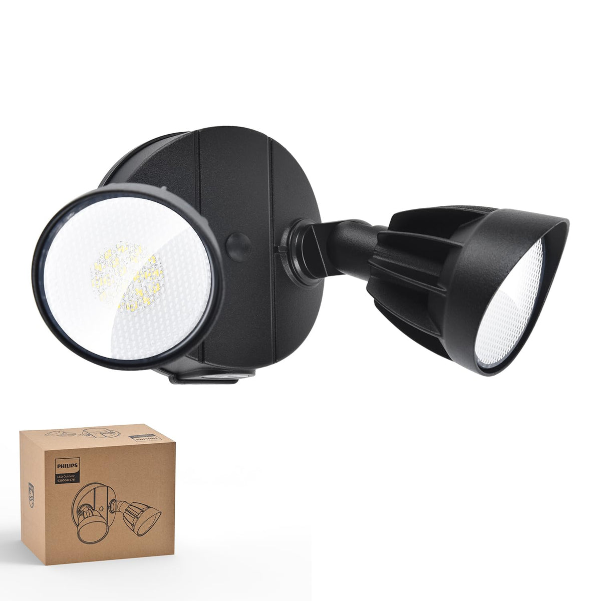 Philips two-heads-rotation flood light enables flexible outdoor coverage.