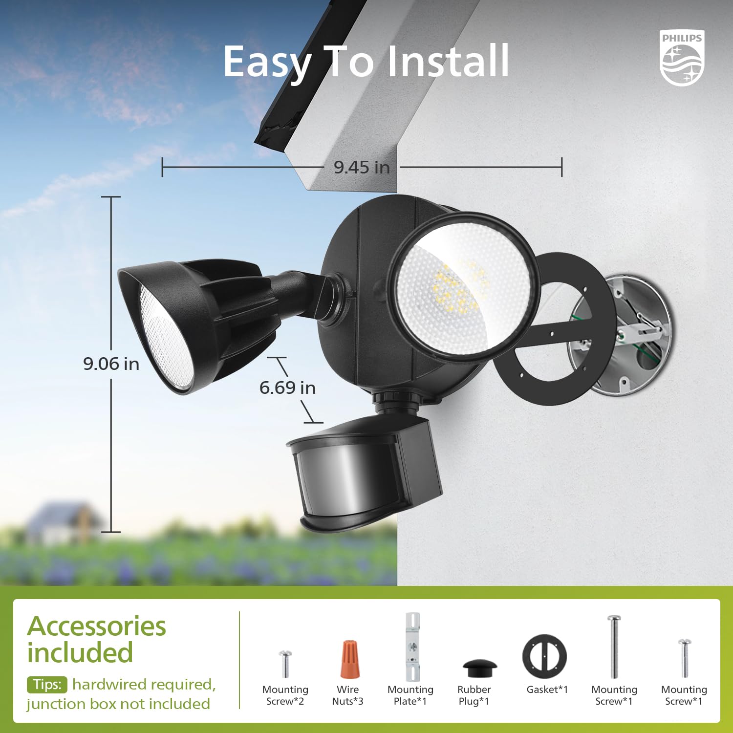 Philips motion sensor activates lighting within 0-69 ft range.