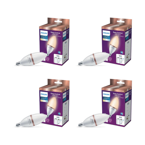 Philips Smart 40W B12 candle bulbs in a 4-pack with tunable white for decorative lighting.