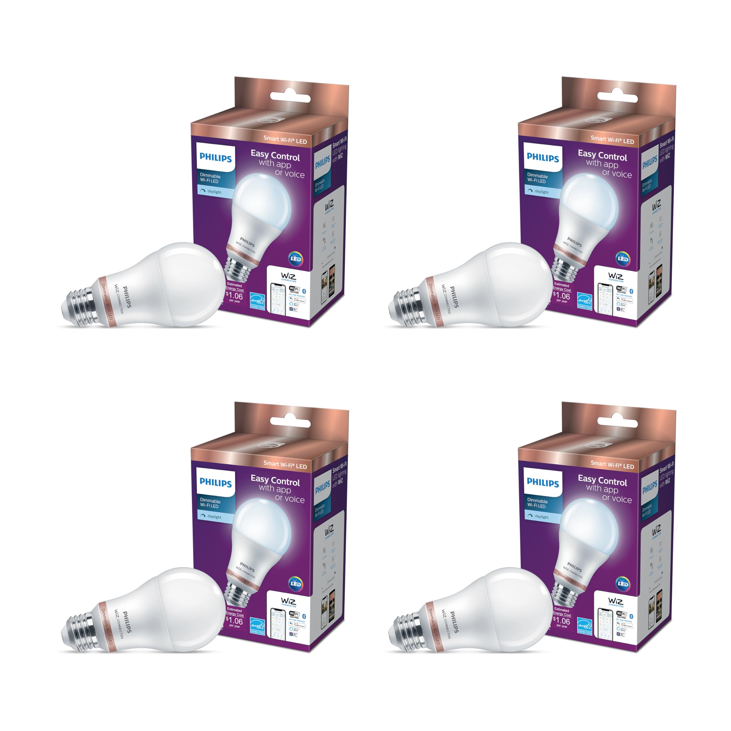 Philips Smart 60W A19 daylight bulb four-pack on shelf ready for smart lighting.