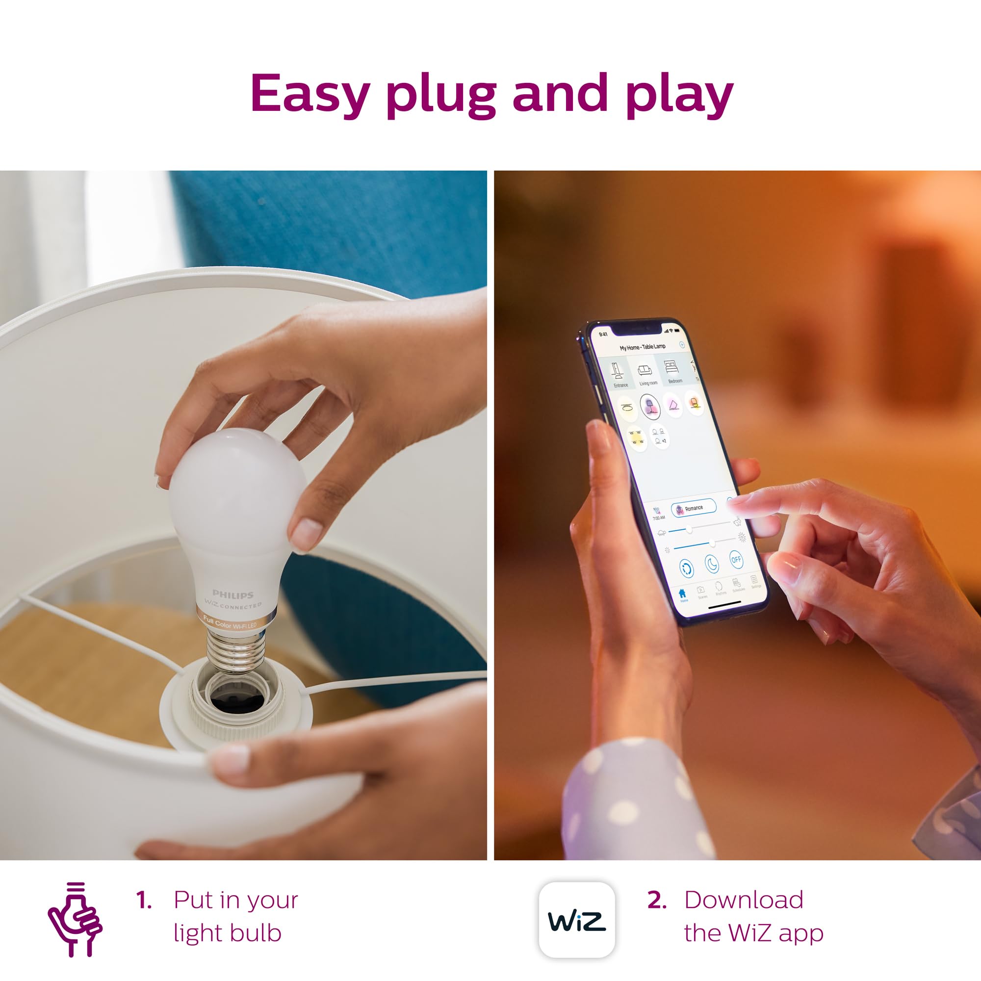 Philips Smart 60W A19 daylight bulb with Wi-Fi setup via the WiZ app.
