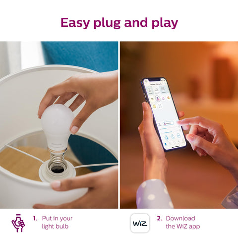 Philips Smart 60W A19 daylight bulb with Wi-Fi setup via the WiZ app.