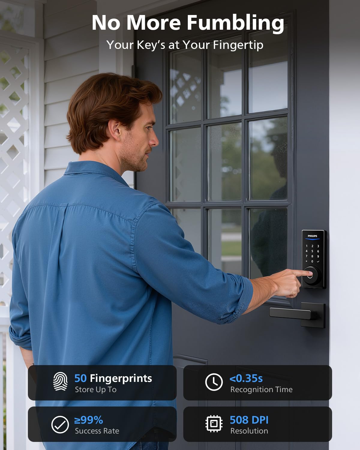 Phone screen showing Philips app controlling door access remotely.