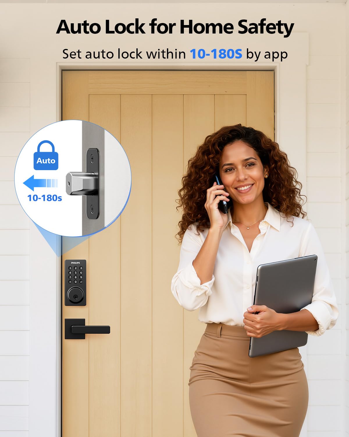 Philips Smart Lock auto-lock feature illustration showing automatic locking timing.