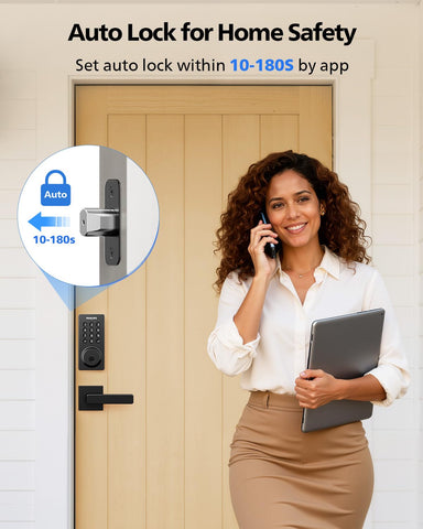 Philips Smart Lock auto-lock feature illustration showing automatic locking timing.