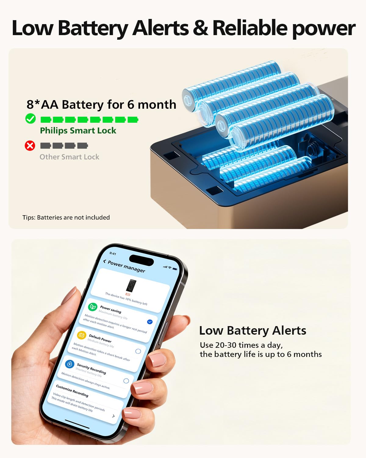 Philips Smart Lock battery indicator signaling low power to prevent lockouts.